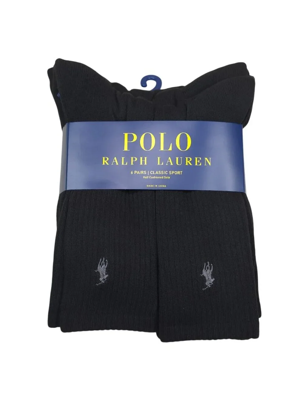 Polo Ralph Lauren Classic Sport Crew Socks 6 Pairs Black Half Cushioned Sz 10-13